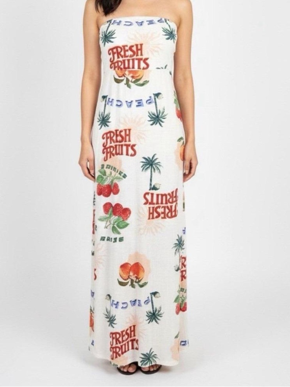 Paper Heart strapless smocked-back maxi dress tropical Berries Fruits Large